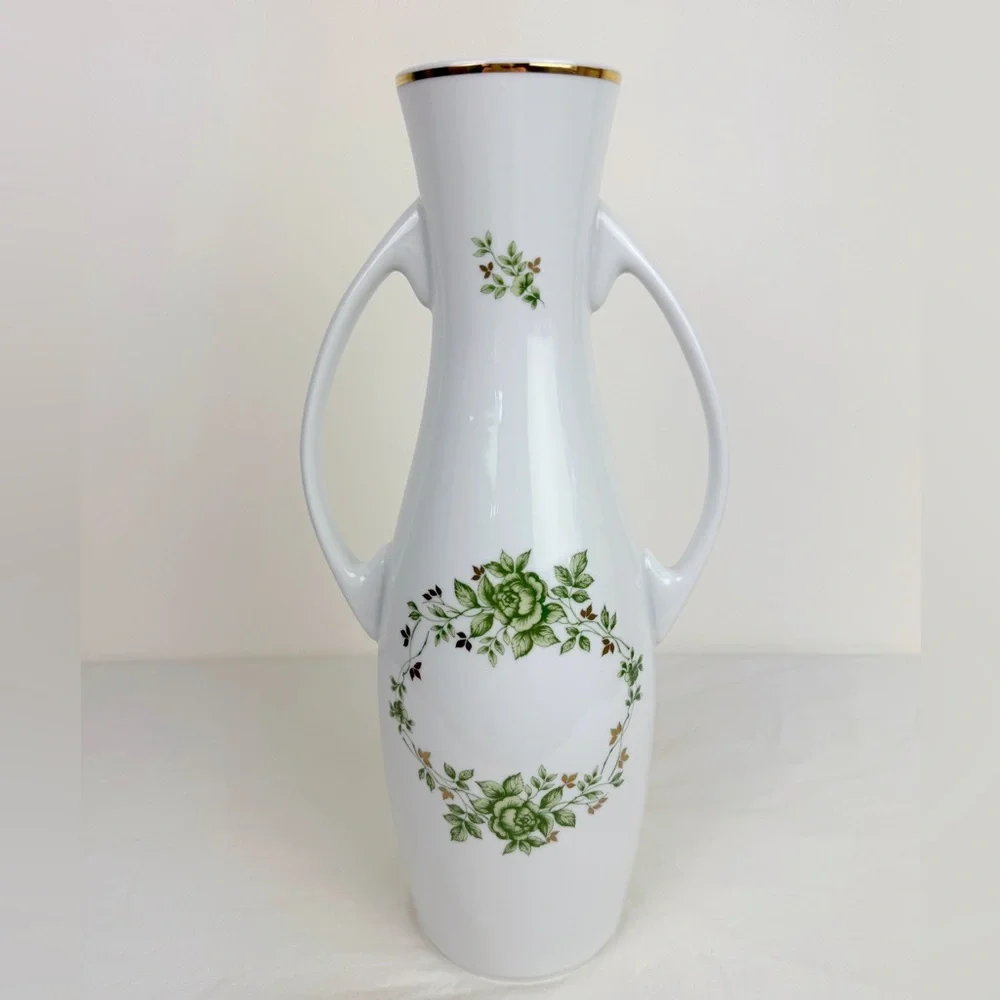 Hollohaza Hungary Erika Green Floral Handled Porcelain Vase